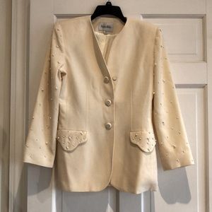 100% Wool Nolan Miller Cream Suit Jacket with Pearls, Vintage Size 8